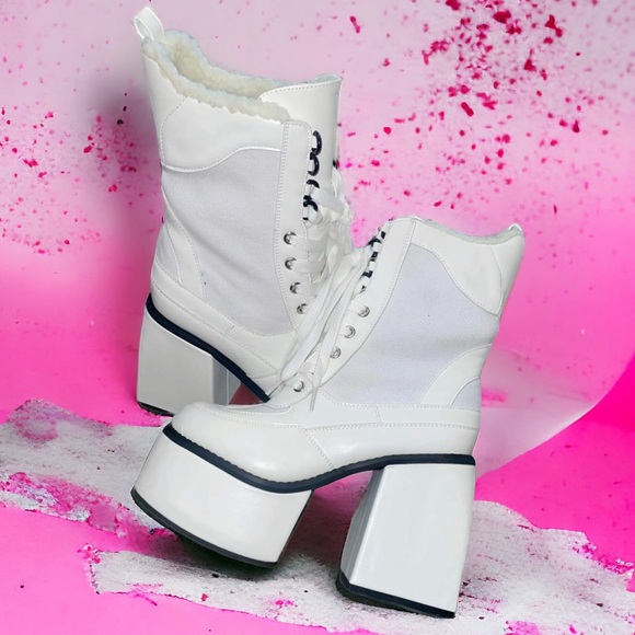 Jalisco White Chunky Heel Platform Combat Boots - Picture 4 of 6
